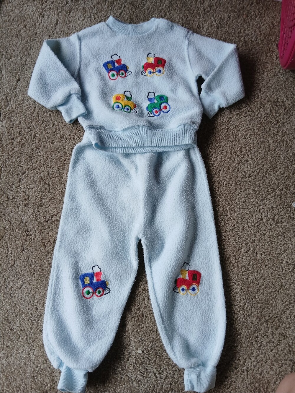 Vintage 2 Piece Fleece Set with Colorful Train Embroidery Toddler Boy 90s